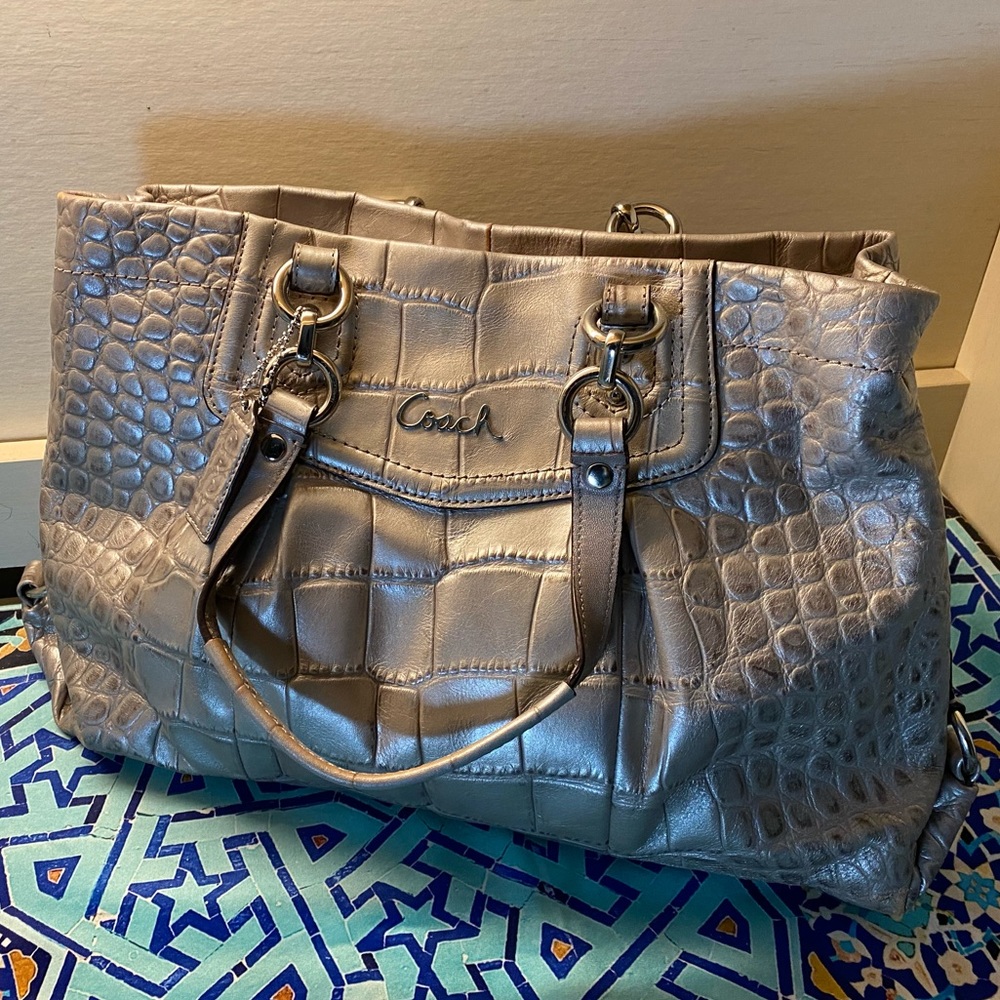 Coach Croc Pattern Metallic Silver Satchel Shoulder Bag
